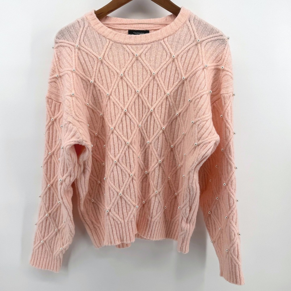 Calligraphie Sweater Women XL Pink Pearl Embellished Cable Knit Coquette Preppy